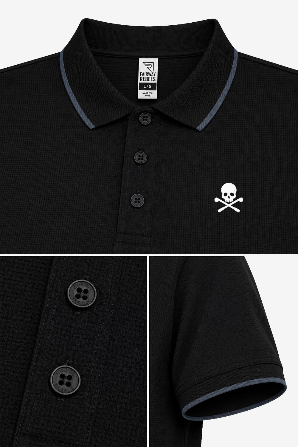 Polo de golf homme gaufré stretch noir, détails boutonnage et logo crâne, manches courtes