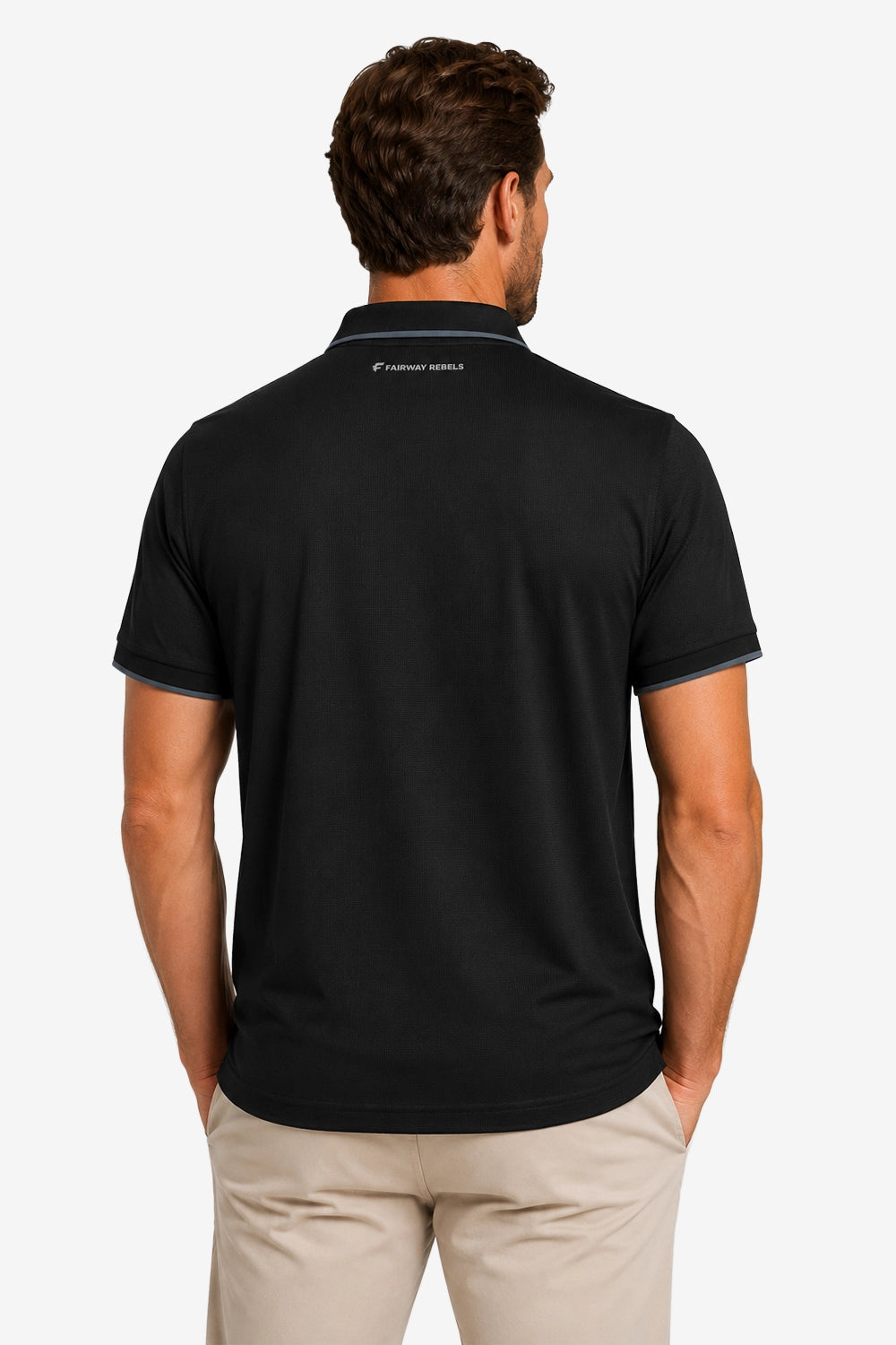 Polo de golf homme gaufré stretch noir, vue dos, col polo et ourlet manches