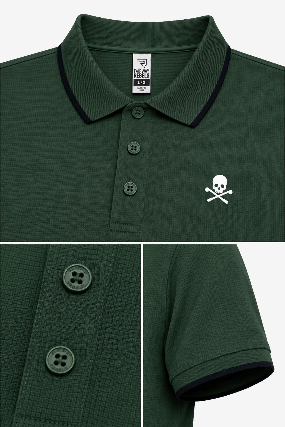 Polo vert gaufré, boutons noirs, ourlet de manches contrasté et logo tête de mort