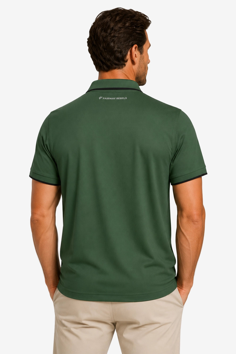 Polo homme vert gaufré, col boutonné, manches courtes, dos visible