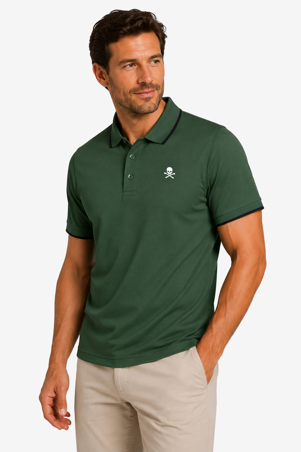 Polo homme vert stretch, col polo boutonné, logo poitrine, manches courtes