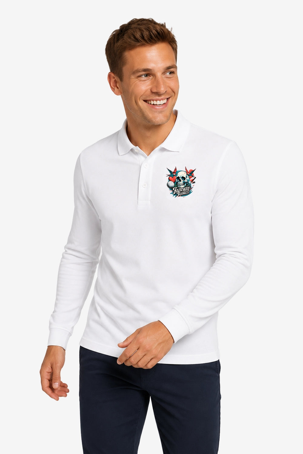 Polo de golf homme blanc manches longues, col boutonné et logo multicolore poitrine