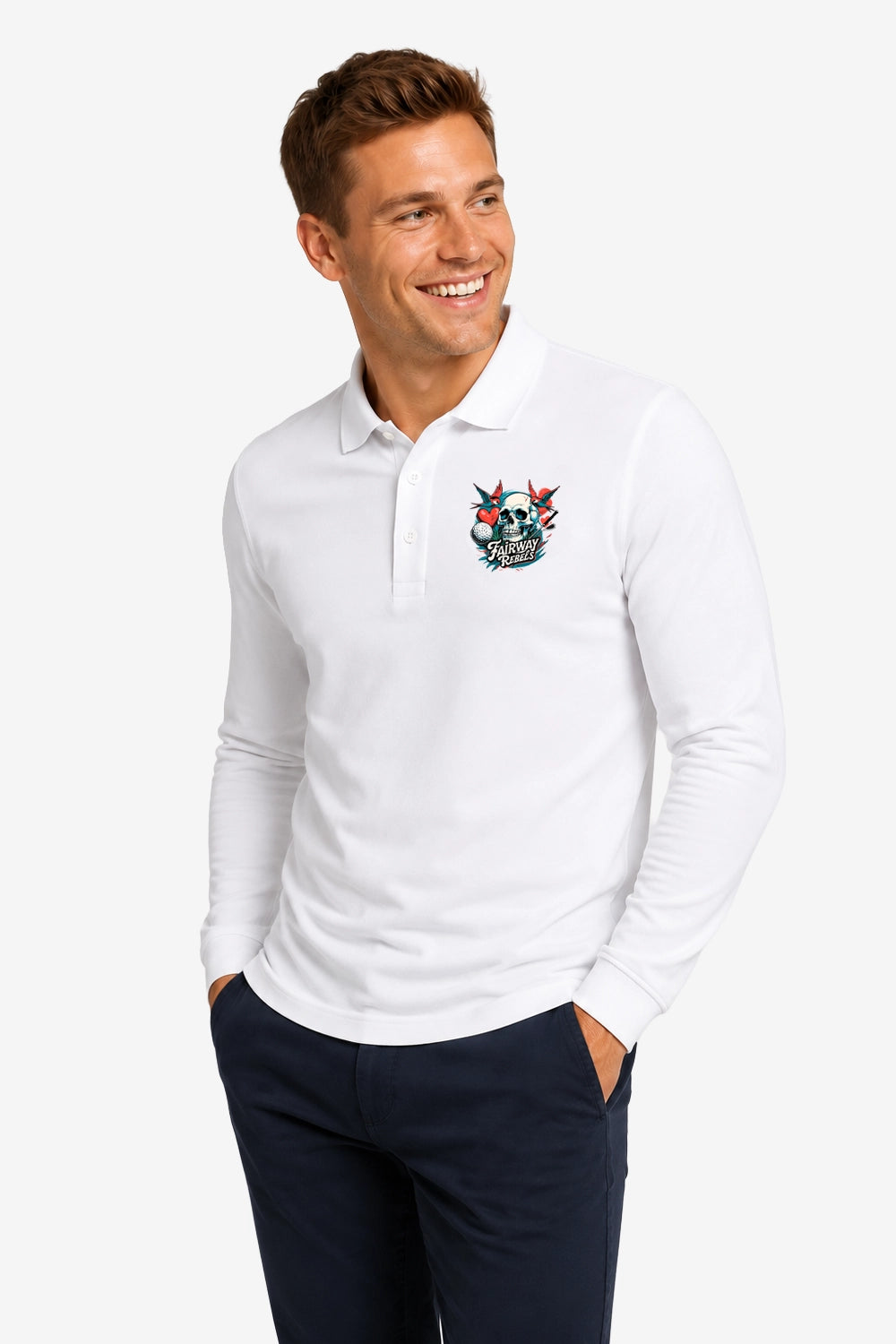 Polo de golf homme blanc manches longues, face avec col boutonné et logo poitrine