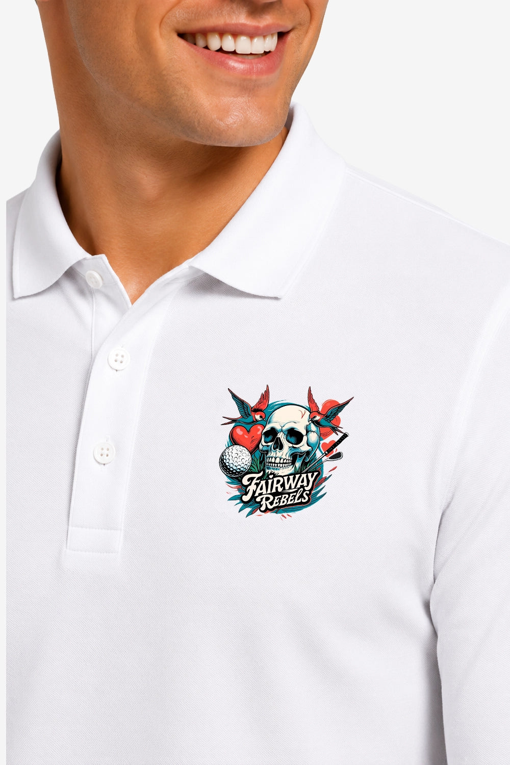 Polo de golf homme blanc manches longues, écusson multicolore « Fairway Rebels »
