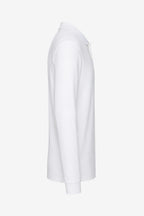 Polo de golf homme blanc manches longues, vue de profil manches et couture latérale
