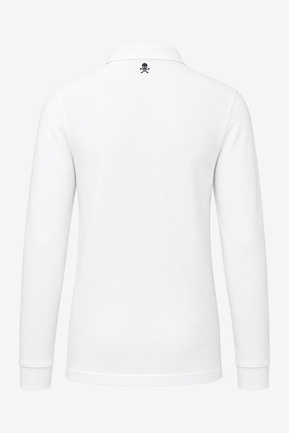 Polo de golf homme blanc manches longues, vue dos col et insigne tête de mort