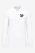 Polo de golf homme blanc manches longues, face avec col boutonné et logo poitrine