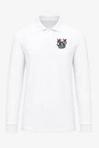 Polo de golf homme blanc manches longues, face avec col boutonné et logo poitrine