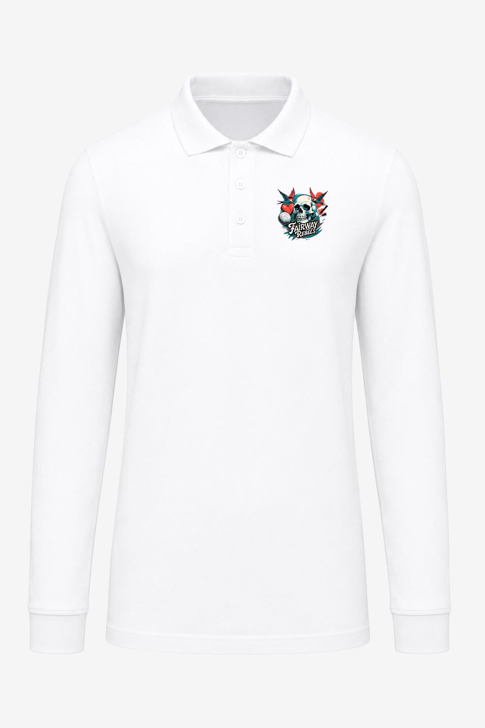 Polo de golf homme blanc manches longues, face avec col boutonné et logo poitrine