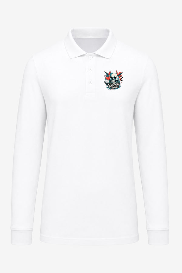 Polo de golf homme blanc manches longues, face avec col boutonné et logo poitrine