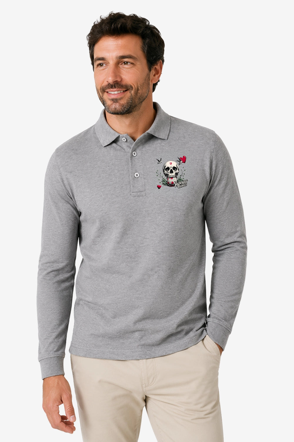 Polo homme gris chiné, manches longues, col boutonné et motif tête de mort