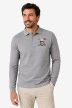 Polo homme gris chiné, manches longues, col boutonné et motif tête de mort