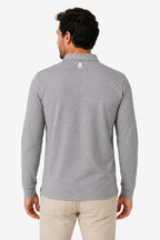 Polo homme gris chiné manches longues, dos avec étiquette au col et petit motif