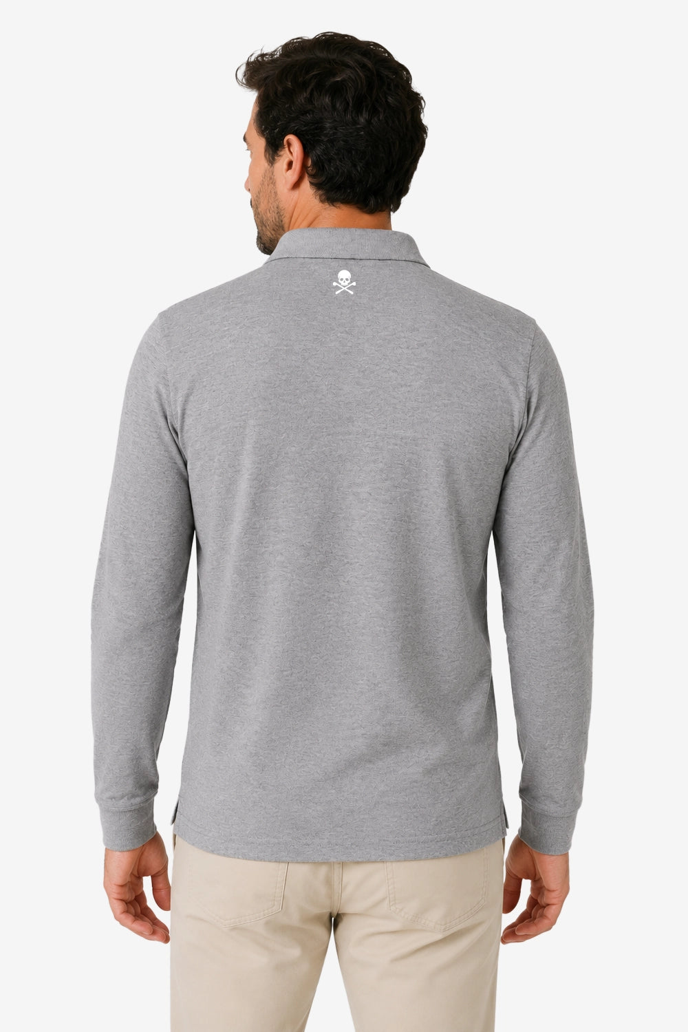 Polo homme gris chiné manches longues, dos avec étiquette au col et petit motif