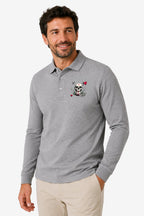 Polo homme gris chiné, manches longues, col boutonné et écusson tête de mort