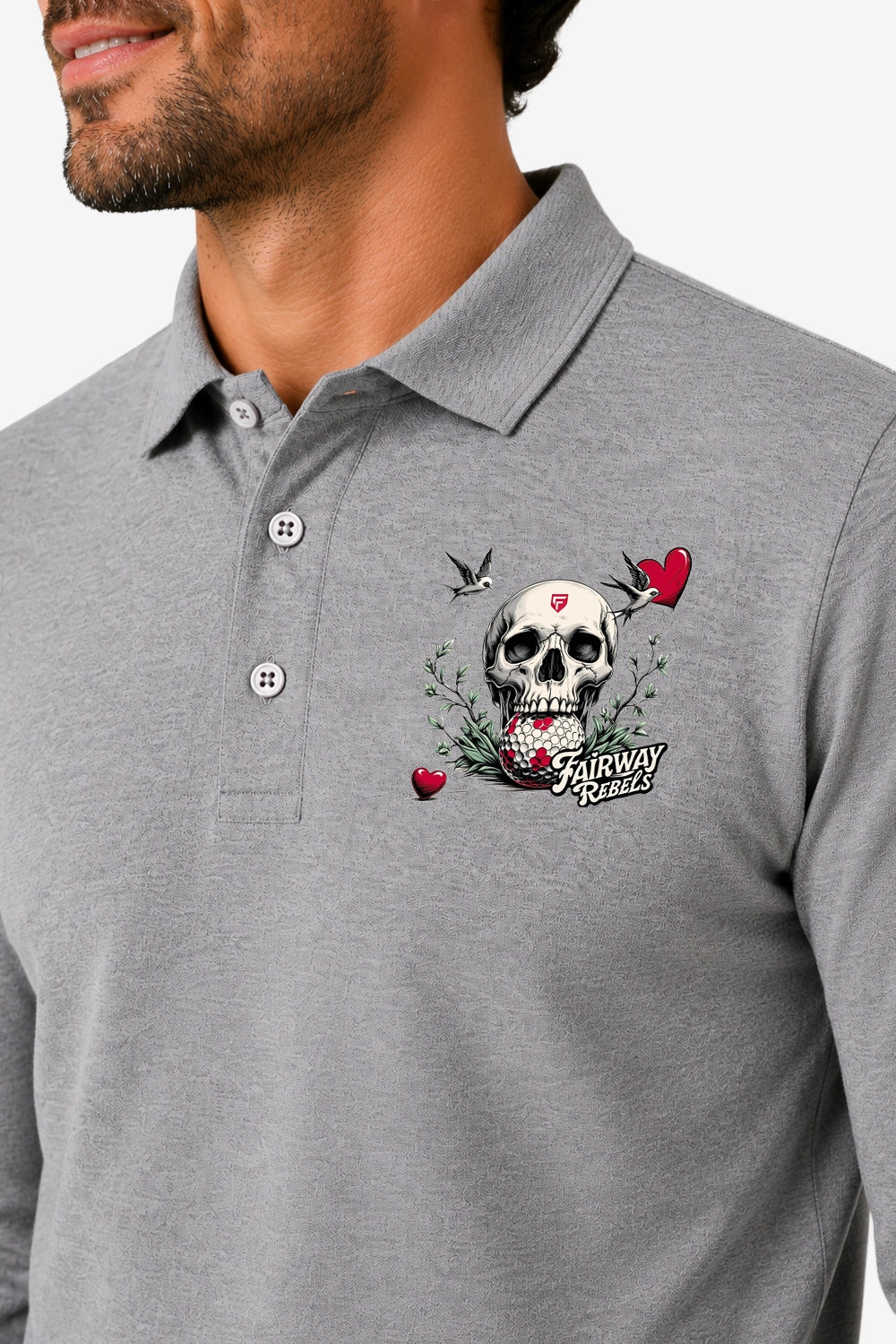 Polo homme gris chiné, col à boutons, motif tête de mort coloré sur la poitrine