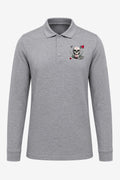 Polo homme gris chiné manches longues, patte boutonnée et motif tête de mort