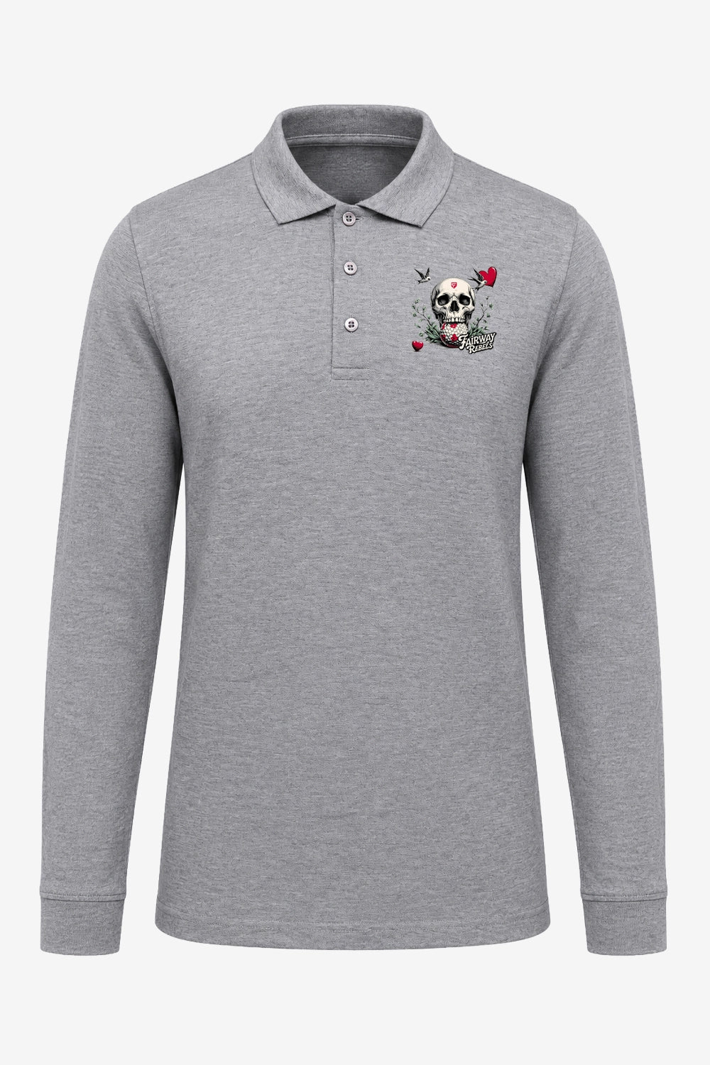 Polo homme gris chiné manches longues, patte boutonnée et motif tête de mort