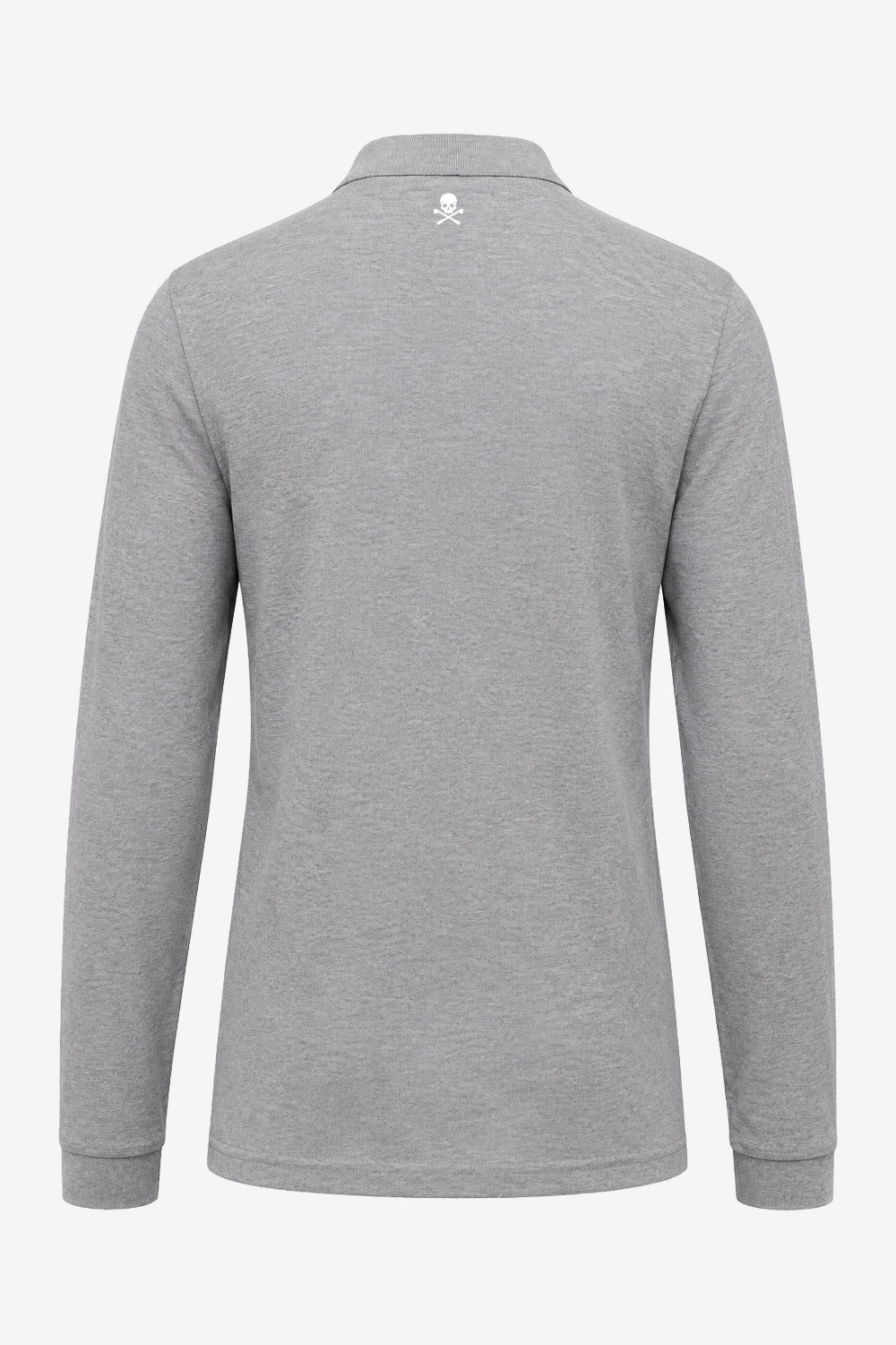 Polo homme gris chiné manches longues, dos avec étiquette au col