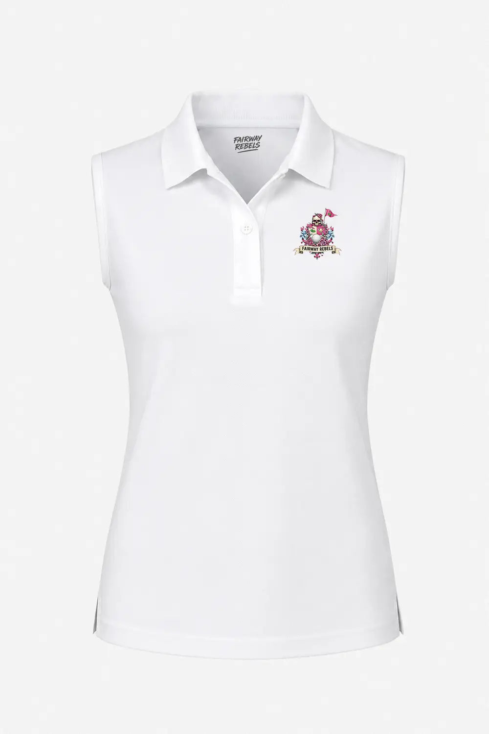 Polo sans manches femme blanc, col polo, motif brodé sur la poitrine.
