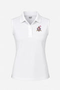 Polo sans manches femme blanc, col polo, motif brodé sur la poitrine.