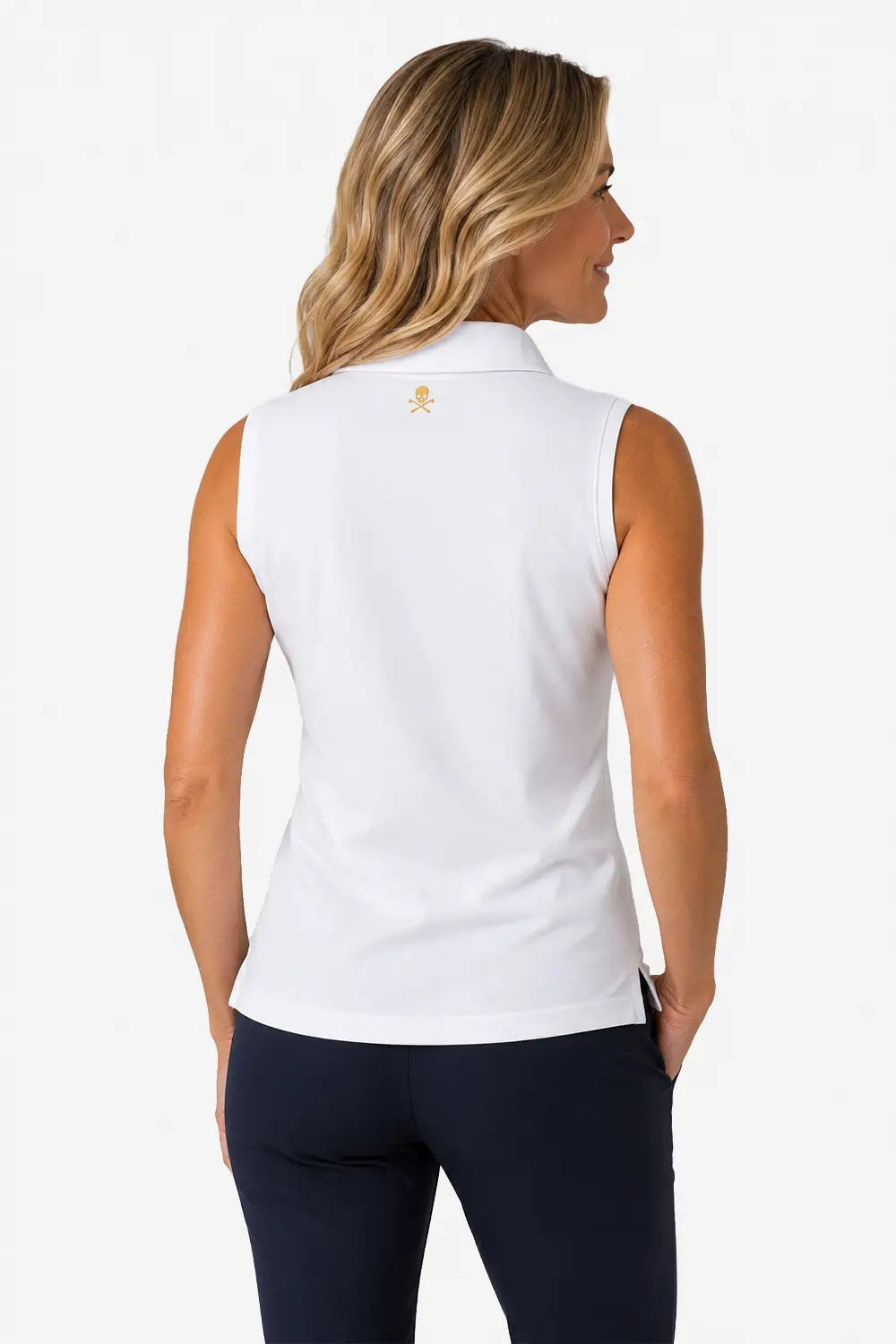 Polo sans manches femme blanc, col polo, vue dos.