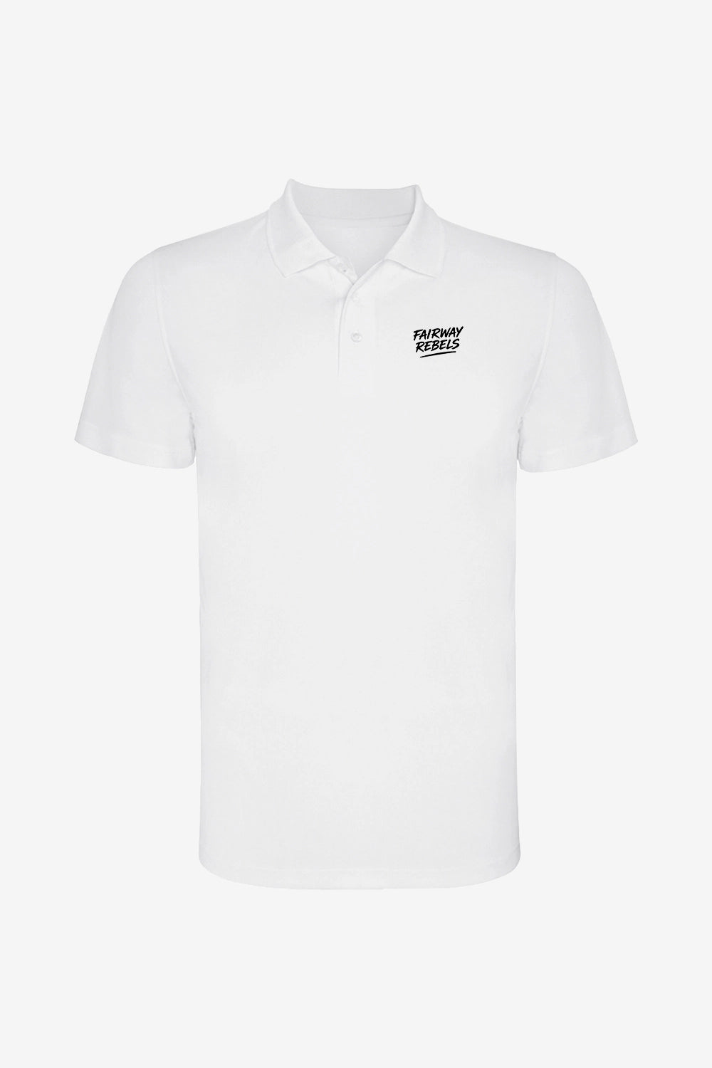 Polo technique fille blanc, col boutonné, logo poitrine « FAIRWAY REBELS ».