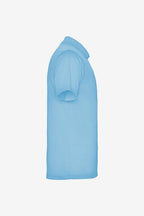 Polo technique fille bleu ciel, manches courtes, col polo et patte boutonnée.