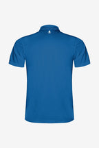 Polo technique enfant bleu, dos avec logo au col.