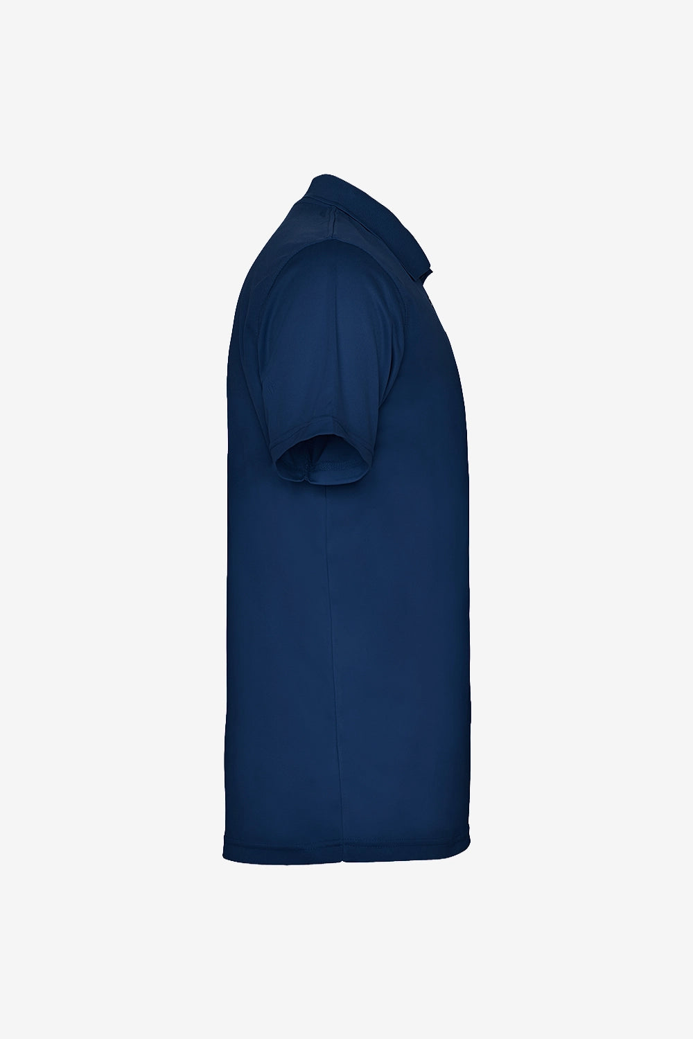 Polo technique fille bleu marine, col à patte boutonnée, vue de côté.