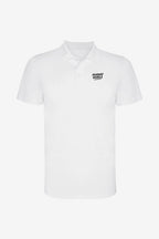Polo de golf technique blanc pour garçon, col polo, logo sur la poitrine, manches courtes.