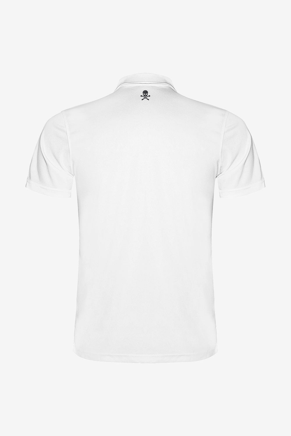 Polo de golf technique blanc pour garçon, dos avec écusson sur le col, manches courtes.