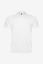 Polo de golf technique blanc pour garçon, dos avec écusson sur le col, manches courtes.