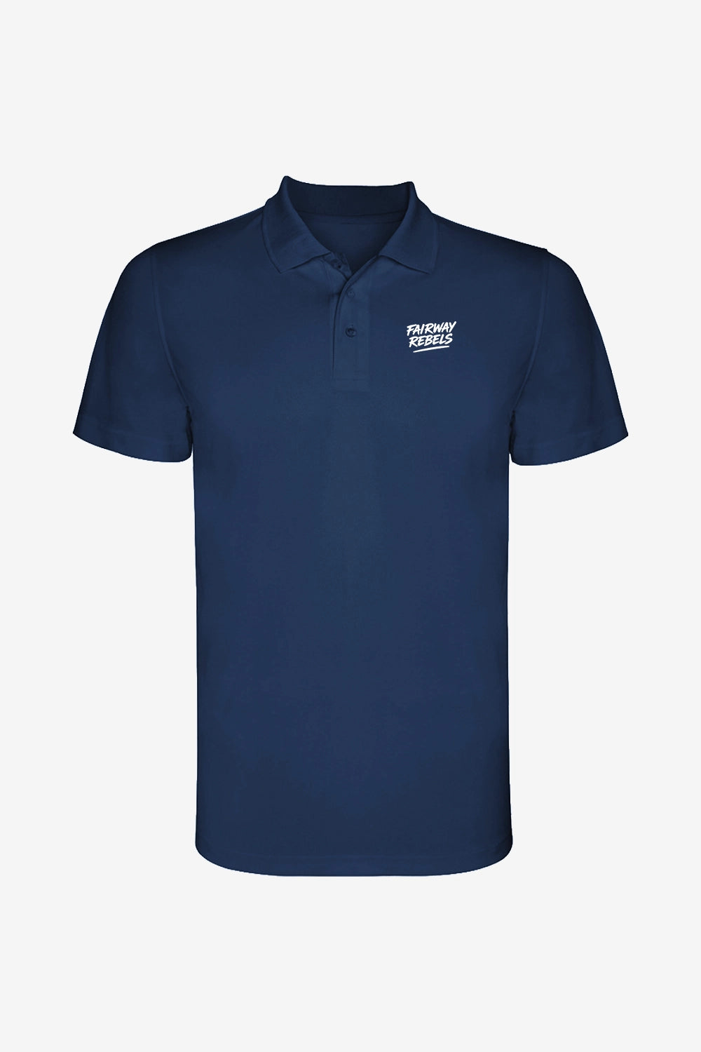 Polo technique garçon bleu marine, manches courtes, demi-fermeture et logo poitrine.