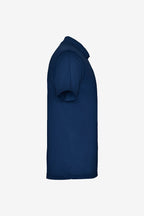 Polo technique garçon bleu marine, manches courtes, col polo avec patte boutonnée.