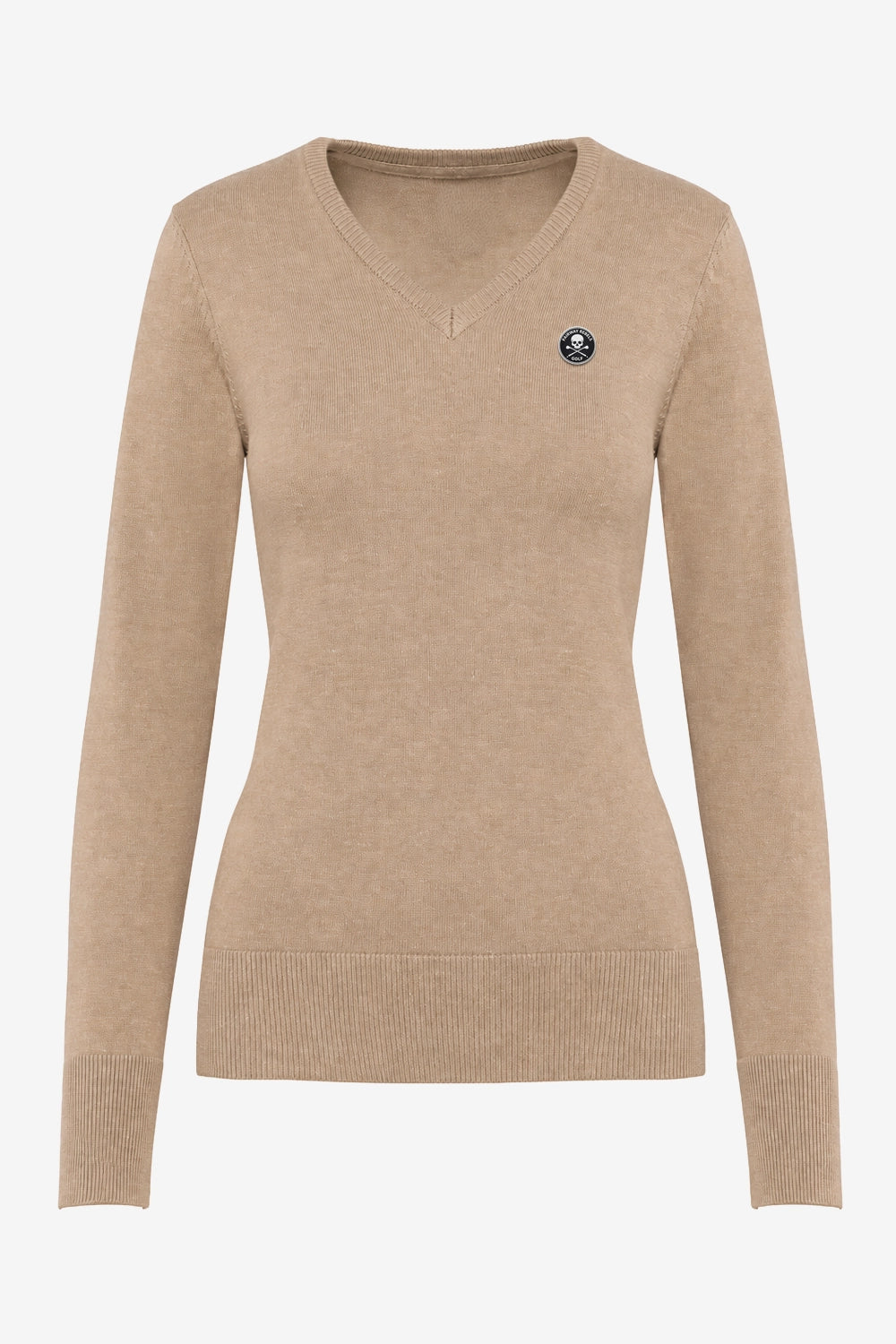 Pull femme col V en maille beige, manches longues, écusson sur la poitrine
