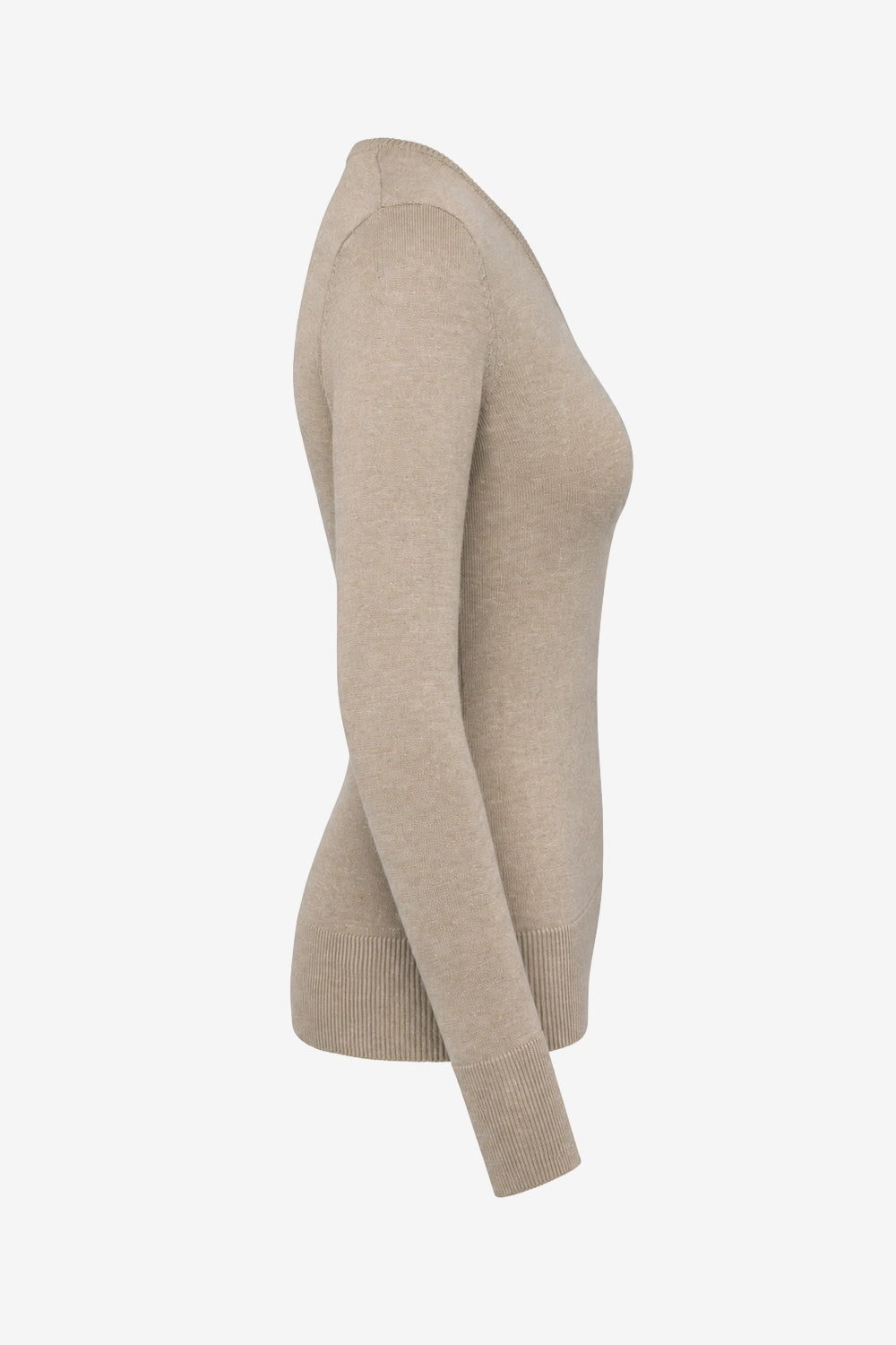 Pull femme col V en maille beige, vue de profil, manches longues