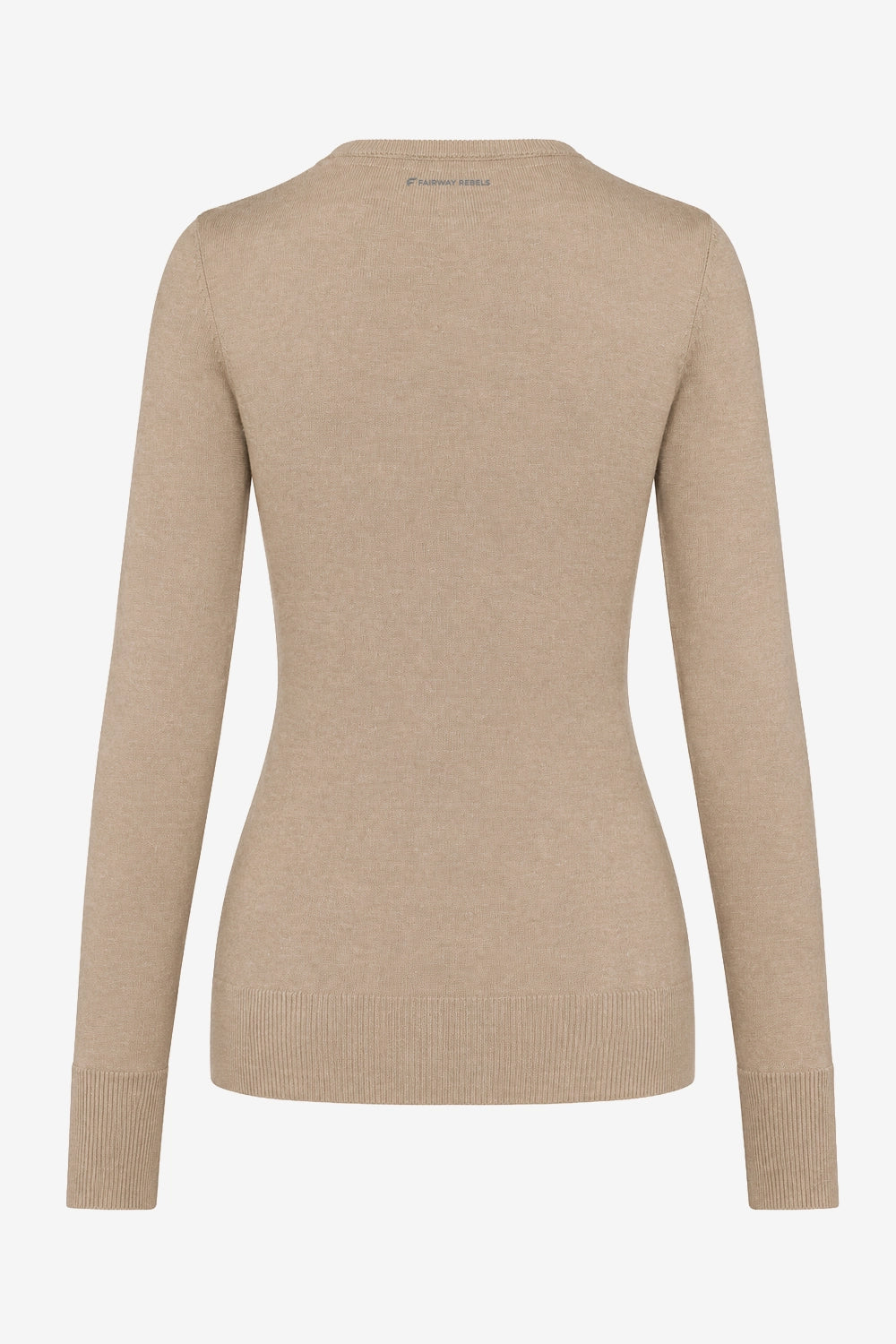 Pull femme col V en maille beige vu de dos, étiquette près du col