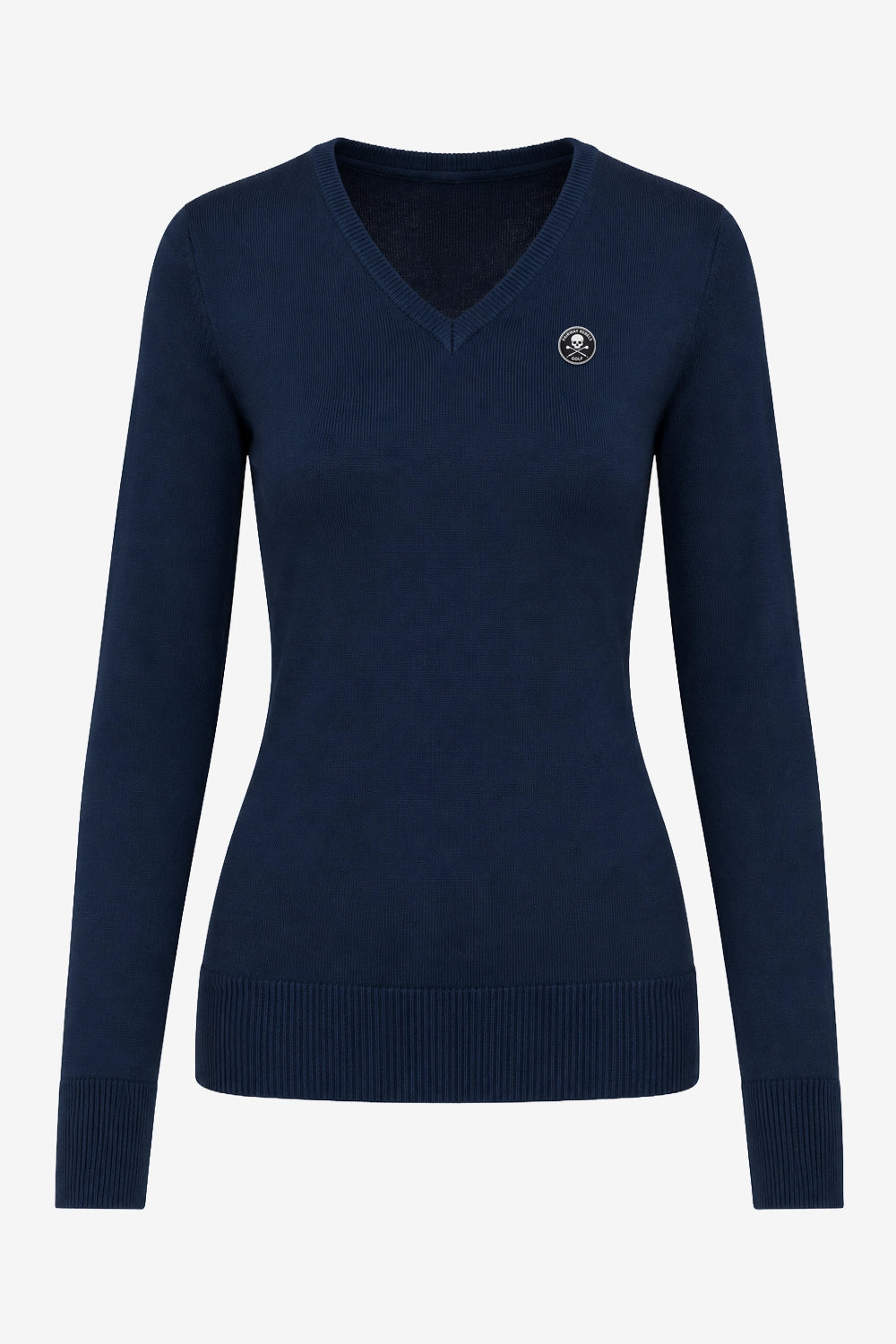 Pull femme col V bleu marine, vue de face, insigne rond et col en bord-côte.