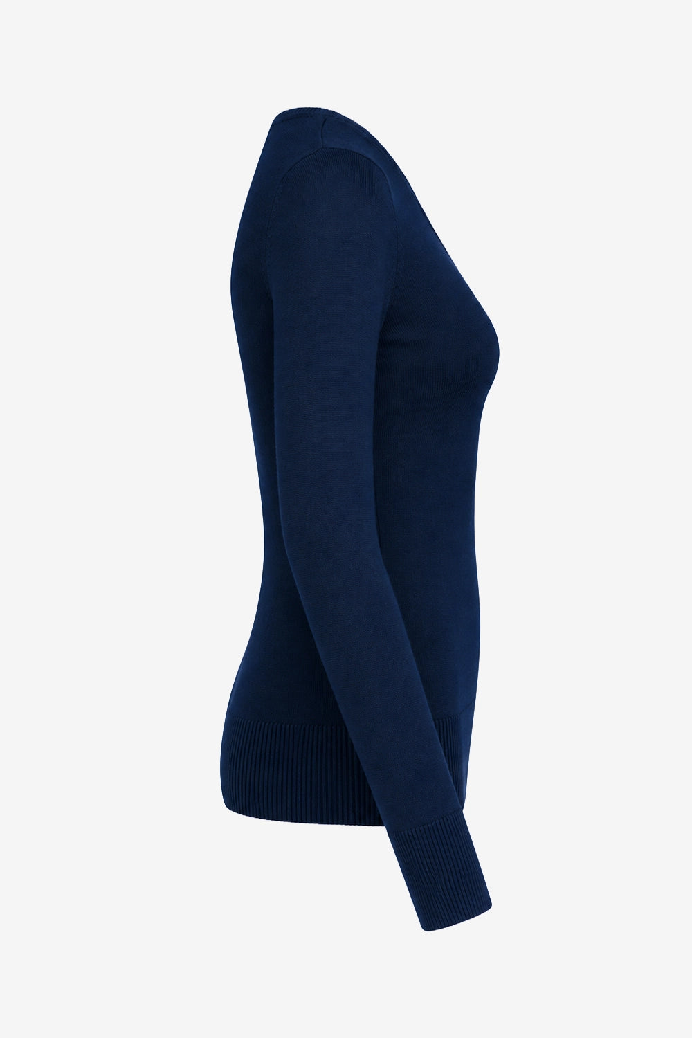 Pull femme col V bleu marine, vue de profil, manches longues, maille côtelée.