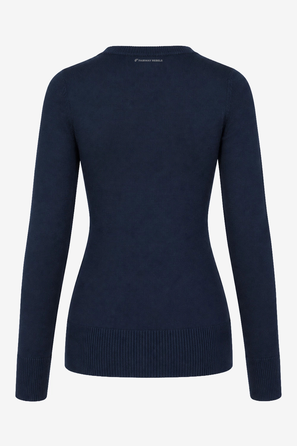 Pull femme col V bleu marine, vue de dos, bord côte en bas.