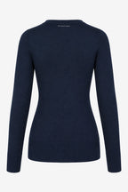Pull femme col V bleu marine, vue de dos, bord côte en bas.