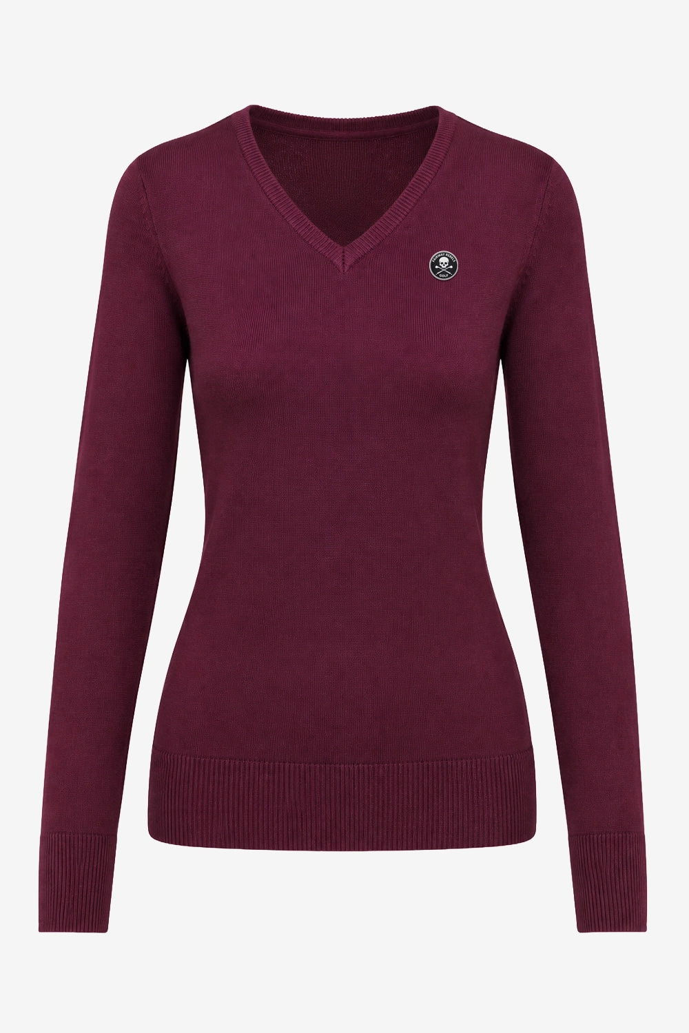 Pull femme à col V bordeaux, manches longues, écusson rond poitrine.
