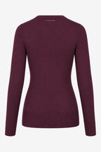 Pull femme col V bordeaux, vue de dos, bas et ourlet en bord côte.