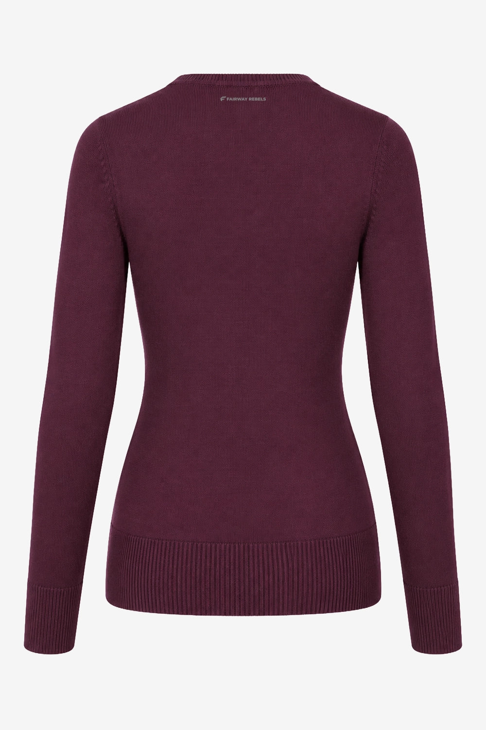 Pull femme col V bordeaux, vue de dos, bas et ourlet en bord côte.