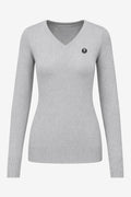 Pull femme à col V gris clair, manches longues, écusson rond poitrine.