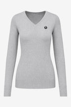 Pull femme à col V gris clair, manches longues, écusson rond poitrine.