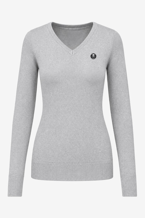 Pull femme à col V gris clair, manches longues, écusson rond poitrine.