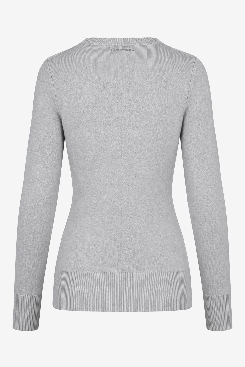 Pull femme à col V gris clair, vue de dos, bas côtelé et manches longues.