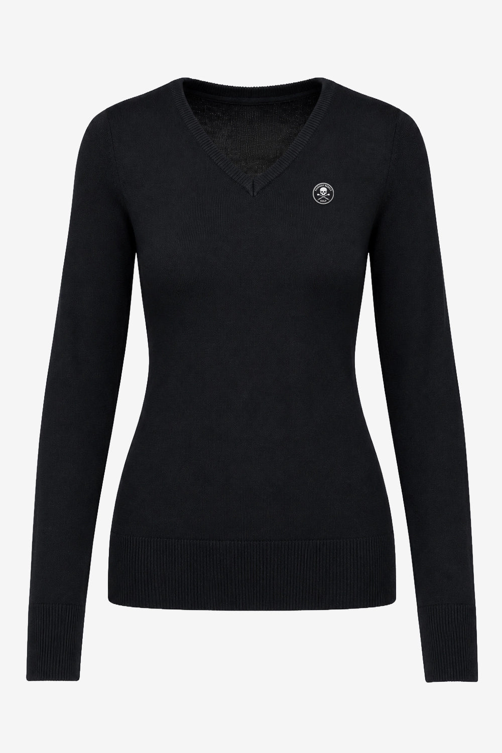Pull femme noir col V, logo rond sur la poitrine, maille fine côtelée
